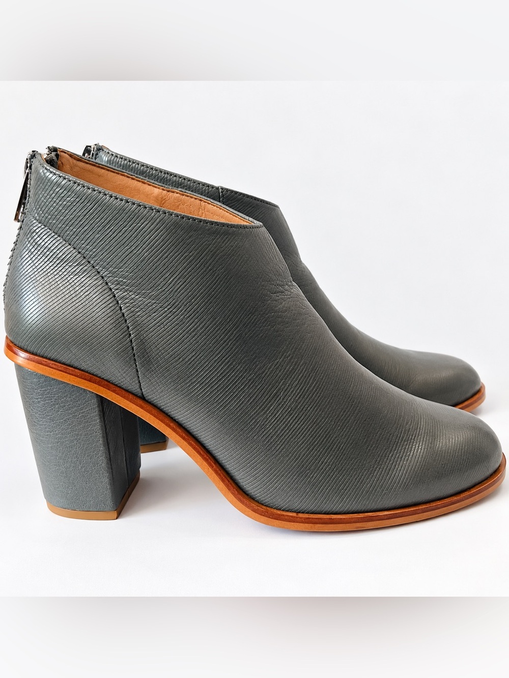 Silent D Digby Gray Leather Women’s Ankle Boots Sz 38 Block Heel Back Zip $149